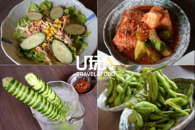 左上：日式芝麻酱沙拉；左下：冰镇小黄瓜；右上：日式综合泡菜；右下：枝豆