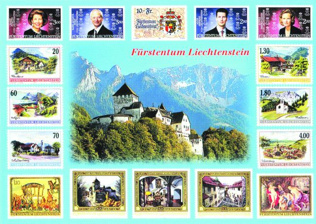 列支敦士登出产的邮票闻名天下，到该国旅游，当然要给自己寄张明信片；有趣的是，就连明信片上的图案也是由各式各样的邮票组成。