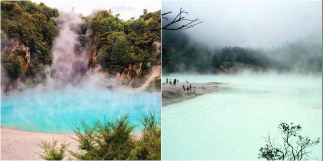 两者都是地热温泉，但印尼Kawah Putih（右）面积比纽西兰的Rotorua地热（左）要大很多。