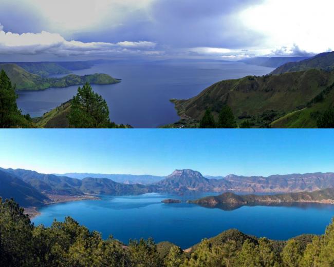 那个是多巴湖（上），又哪一个是泸沽湖（下），不说应该看不出分别吧？