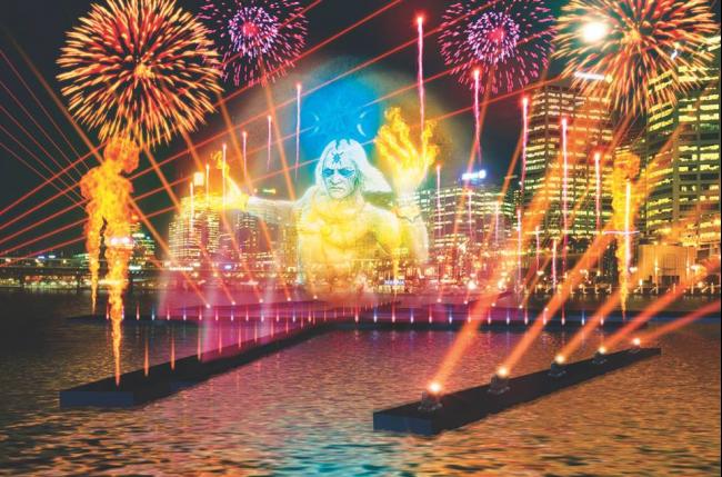 让人叹为观止的作品叫Magicians of the Mist是由Oracle-Liquid所呈现，是结合雷射、水、灯光、烟火等等元素呈现。一连23晚都能在悉尼西部的达令港（Darling Harbour）看到充满创意的动态画作。