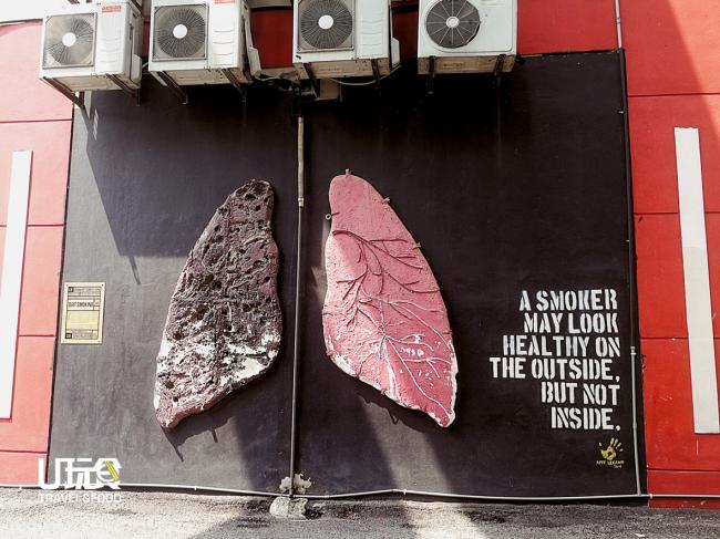 创意艺术不乏有提倡健康意识的作品，这一幅左右肺呈现吸烟（左）和无吸烟（右）的差别，文字并以吸烟造成的健康影响，尽管从外观上不易察觉，但肉眼所看不到的身体里面，则一目了然。