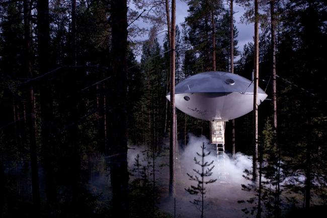 幽浮型的树屋非常特别，犹如随时会被载到外太空般的场景。