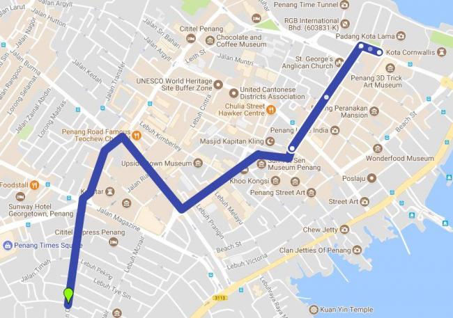 槟城市政局日前于官方脸书针对大游行，发布封闭路段地图。青色符号为起点。