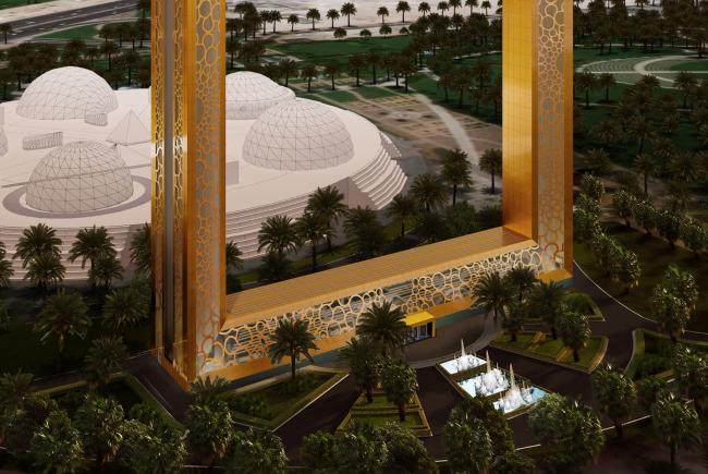 「迪拜门」坐落于迪拜市中心的扎比尔公园内，高150公尺，宽93公尺，包含两个柱形塔楼、一个与塔楼相连接的廊桥，以及与廊桥平行的底层建筑。迪拜门外表以金色金属和透明玻璃作为装饰，造型像一个巨型的镂空相框，设计灵感意在「将迪拜新城和老城的风景同时装入一个相框中」，让身处其中的游客能够360度感受到迪拜市的全景。