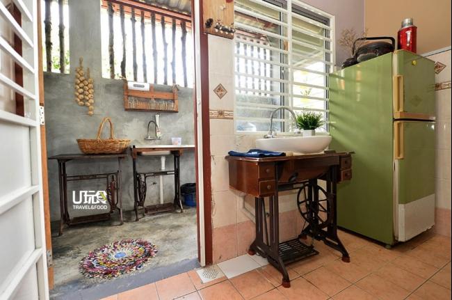 民宿内可见多个以旧式缝纫机，重新改造的洗碗盆和梳妆台，创意十足。