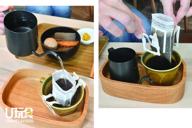 <b>挂耳包咖啡</b> 让客人能够体验自己冲泡咖啡，也能在等待餐点送上桌前感受冲泡咖啡疗愈的过程。<i>售价：7令吉</i>