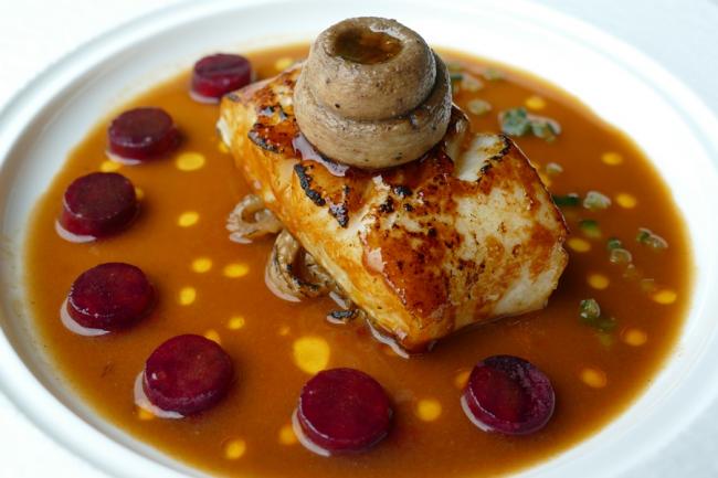 Main Barbequed Cod with Beetroot, Parsnip Puree, Burnt Fennel and Sautéed Mushrooms
