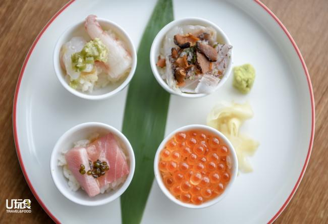 <b>Sushi Cup Selection</b> 杯寿司的概念似散寿司，4个小茶杯中装有金抢鱼腹、三文鱼籽、牡丹虾、鲷鱼，每一杯的味道都不同，但是都离不开鲜美，令人意犹未尽。