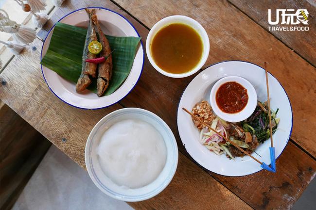 <b>Ambuyat Set </b>和Original Sabahan的配置一样，只是糙米饭换成了Ambuyat，那是一种由硕莪粉做成的粘稠状粮食，是杜顺人传统的主食，吃的时候使用提供的竹筷卷起Ambuyat，因为它本身味道较淡，所以可沾点姜黄汤吃，也可以混着配菜吃以丰富口感。