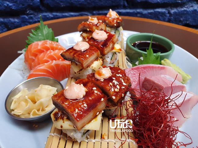 Tora Sashimi Platter，由三文鱼、鰤鱼生鱼片与鳗鱼卷寿司合力完成的新菜色。