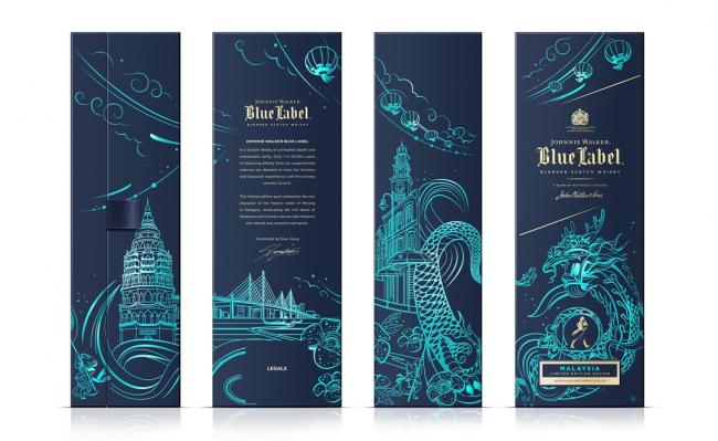 Shan Jiang倾力打造出结合了中国传统元素与尊尼获加品牌精神的槟城限量版Blue Label，完美演绎了中西合璧。除了瓶装设计精致，就连盒装设计也十分迷人。