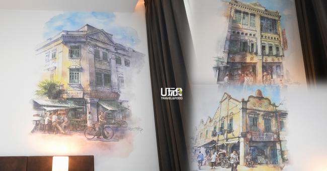 福朋酒店内的每间客房墙上都印有由本地艺术家——本土幻想（Loka Made）所定制的壁画，用颜色勾勒出早期的茨厂街市景及居民们努力维持生计的民间风貌。