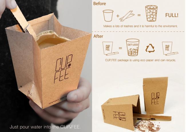 韩国设计师所推出的环保永续咖啡杯设计，只需依照折线撕下即可，撕下的部分还可以用做搅拌棒使用，同时减少产生垃圾的顾虑。