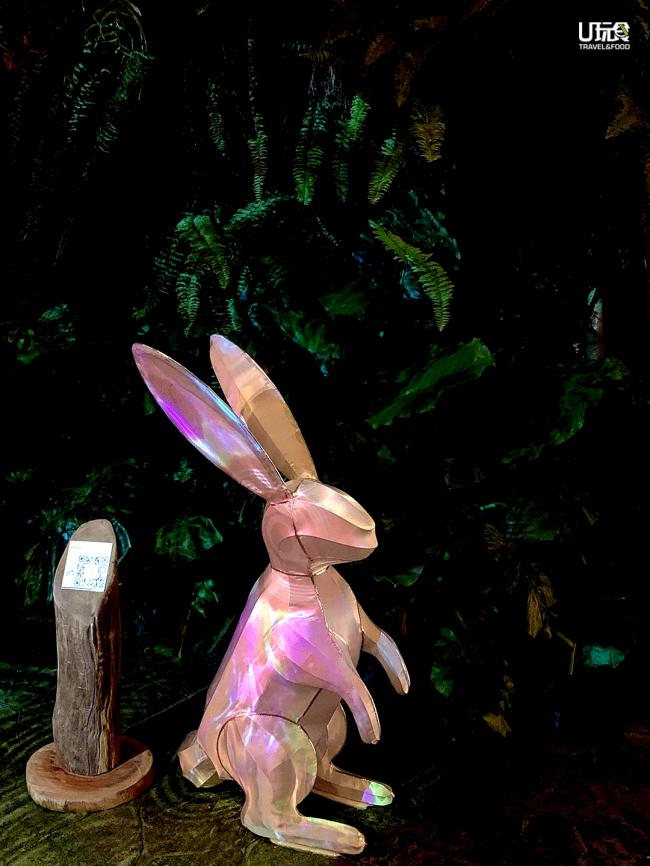 相比起其他的玉兔装置，这副杰作更显特别。因需要与投影光线配合方可欣赏，就连装置后边的植物也被倒影得五彩斑斓，甚是美观。