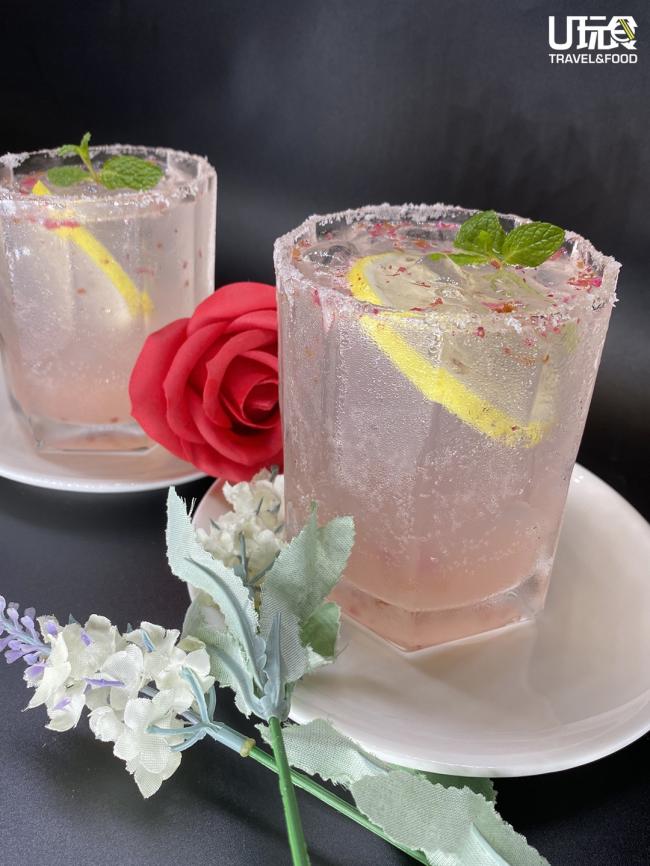 玫瑰汽水特调，杯缘上的盐粒不仅能让饮品更有层次感，亦能解暑。