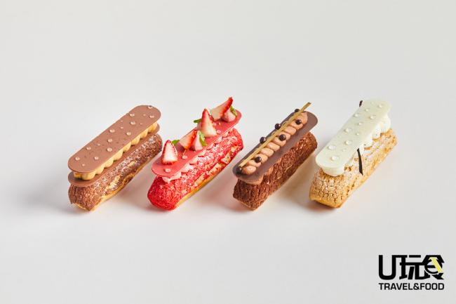 盖尔擅长做各种甜点，包括法国传统闪电泡芙（Eclair）。轻巧的长条形泡芙配上各种鲜美的配料，4种口味都让人喜爱！左起为Opera Eclair、Strawberry Eclair、Dark Chocolate Eclair及Vanilla Eclair。