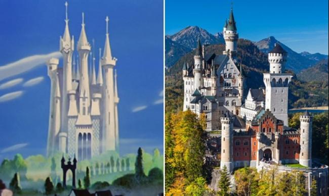 左图为《灰姑娘》中的城堡。右图为新天鹅堡。