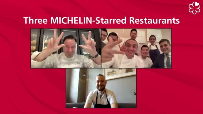 这一届新加坡米其林三星餐厅共有三家，图为Les Amis的Chef Lepinoy Sebastien（上排左）、Odette的Chef Julien Royer和团队（上排右），以及Zén的本地执行总厨Tristin Farmer（下）。