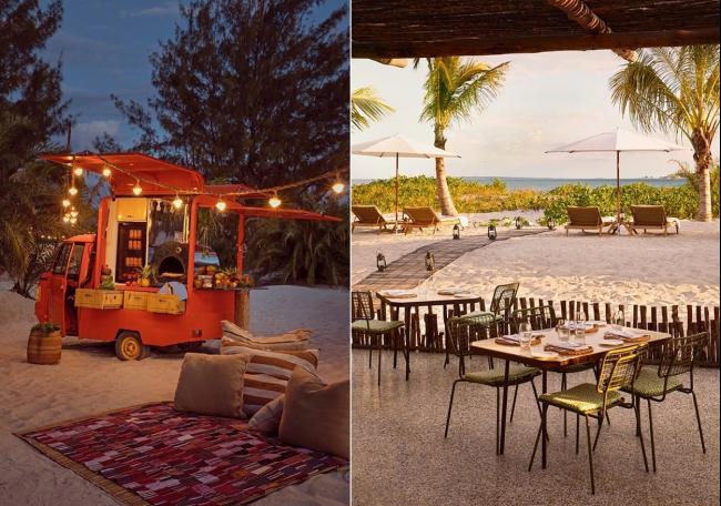 左图为酒店特别定制，可新鲜烘制披萨的嘟嘟车。右为户外海滩咖啡馆，从早上到傍晚提供当地风味美食。