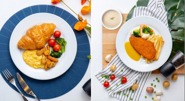 左为炒蛋可颂三明治；右为包含植物性炸肉排与蘑菇汤的世界粮食日套餐。