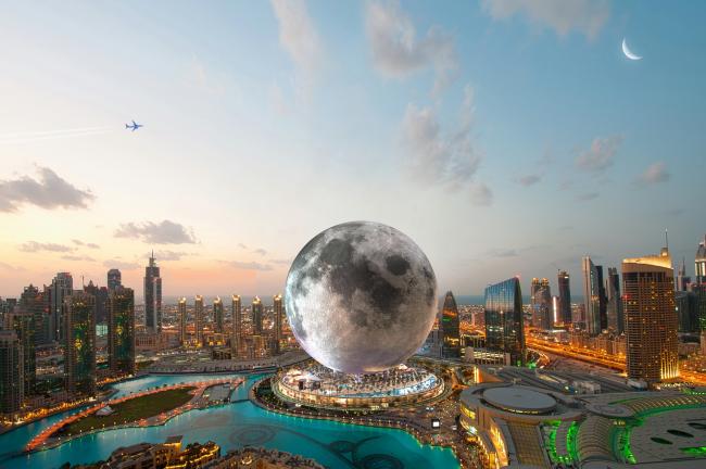 据《纽约邮报》报导，月亮世界度假村计划在拉斯维加斯、中国、西班牙和中东建造以月亮为主题的酒店赌场。图为月亮度假村置身迪拜的设计图。