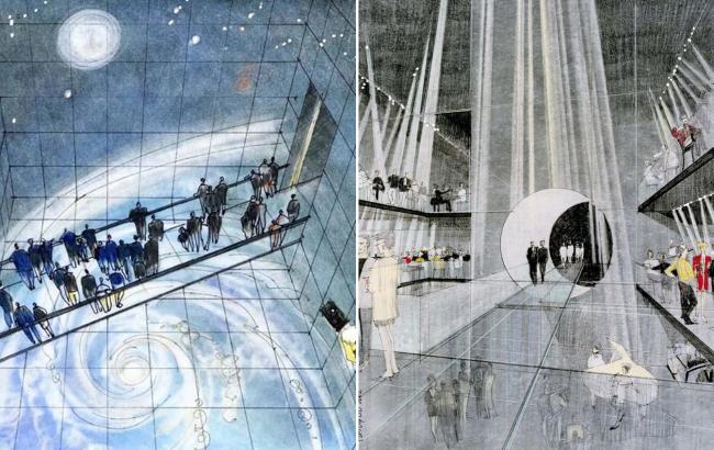 左图绘制的，是一条全玻璃底的“Enviromax”透明观赏桥，向下看可以看到地球天气模式模拟视图，让游客感受到在太空中俯视地球之感。右图为月球概念钢琴酒吧。