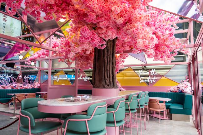 满满花瓣的粉色樱花树，加上霓虹灯标语，整体氛围舒适，也是周末休闲的好去处。