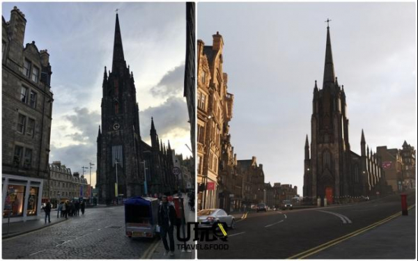左右图分别为苏格兰爱丁堡司各特纪念塔（Scott Monument）的真实照片与游戏画面。除了缺少了路上的行人，游戏画面几可乱真。