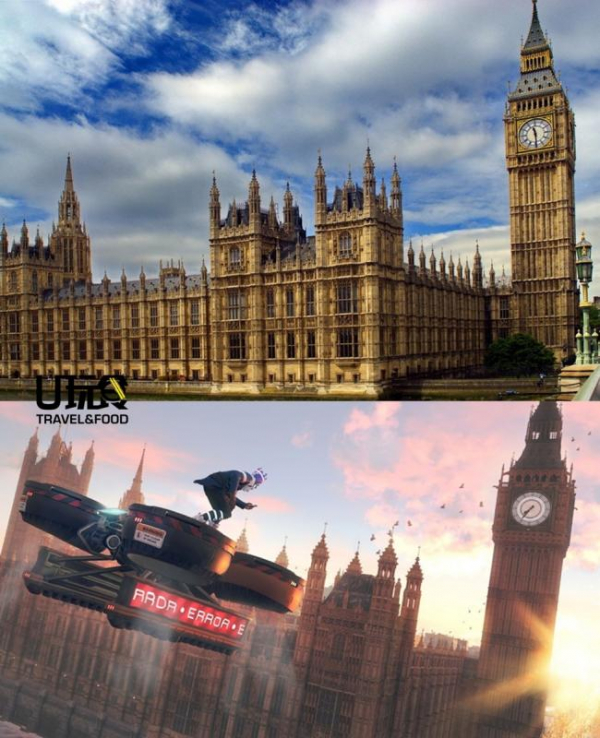 《看门狗：军团》中，玩家可以踏上无人机飞行，让“旅游”更添乐趣。上下图为现实世界的大笨钟与游戏画面的对比。