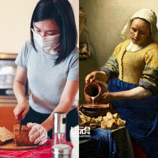 左图为“曼焙”创办人陈敏俐工作照；右图为维梅尔1660年的作品《倒牛奶的女仆》。画作中的女仆以虔诚的视角面对日常，如同照片里的烘培师专注于当下，两人在不同时空中遥相呼应。在一件简单的事情上全神贯注，瞬间已是隽永。