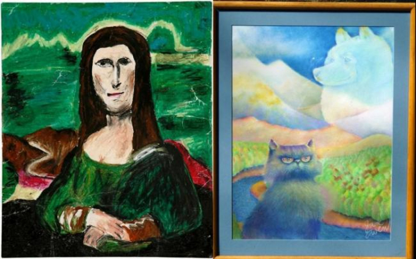 左图：名作《蒙娜丽莎的微笑》的模仿作品。（这幅应该叫《蒙娜丽莎笑不出来》吧！）右图：《他曾是我的朋友》，猫咪仰望天上故去的狗狗。凶狠的眼神配上作品主题，有一种相爱相杀的意味。
