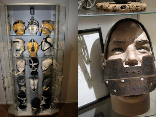左图：博物馆中也展示了各种口鼻呼吸面罩。右图：金属制的止鼾工具，有种刑具的感觉。
